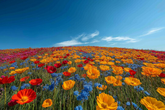 Photo r&eacute;aliste professionnelle d&rsquo;un champ vibrant de fleurs sauvages sous un ciel bleu clair, avec des fleurs color&eacute;es se balan&ccedil;ant doucement dans la brise