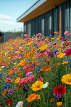 Photo r&eacute;aliste professionnelle d&rsquo;un champ vibrant de fleurs sauvages sous un ciel bleu clair, avec des fleurs color&eacute;es se balan&ccedil;ant doucement dans la brise