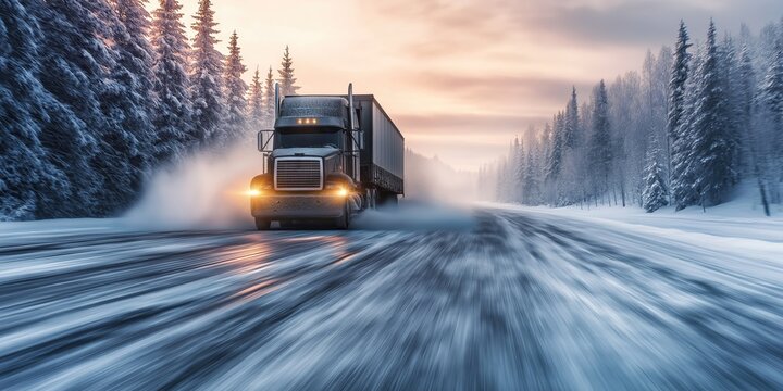 Semi-truck moving fast on a frozen snowy road at sunset