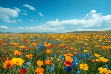 Fototapeta premium Photo réaliste professionnelle d’un champ vibrant de fleurs sauvages sous un ciel bleu clair, avec des fleurs colorées se balançant doucement dans la brise