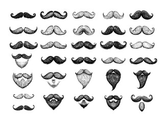 Mustache engraving vector set. Men gentlemen hipsters barbers beards facial hair curls, retro vintage shapes isolated vectors on white background