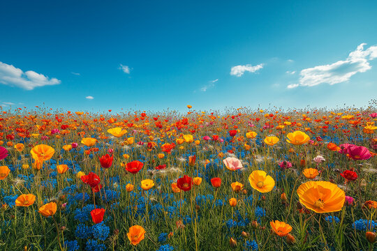 Photo r&eacute;aliste professionnelle d&rsquo;un champ vibrant de fleurs sauvages sous un ciel bleu clair, avec des fleurs color&eacute;es se balan&ccedil;ant doucement dans la brise