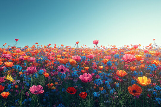 Photo r&eacute;aliste professionnelle d&rsquo;un champ vibrant de fleurs sauvages sous un ciel bleu clair, avec des fleurs color&eacute;es se balan&ccedil;ant doucement dans la brise