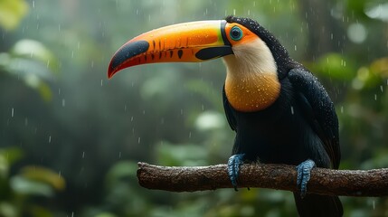 Fototapeta premium Toucan perched on branch in rainforest rain.