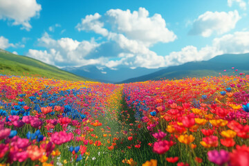Naklejka premium Photo réaliste professionnelle d’un champ vibrant de fleurs sauvages sous un ciel bleu clair, avec des fleurs colorées se balançant doucement dans la brise