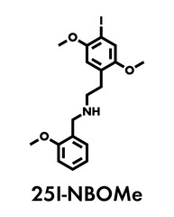 25I-NBOMe hallucinogenic designer drug molecule. Skeletal formula.
