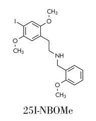 25I-NBOMe hallucinogenic designer drug molecule. Skeletal formula.