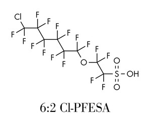 Chlorinated polyfluoroalkyl ether sulfonic acid (6:2 Cl-PFESA) PFAS class molecule. Skeletal formula.