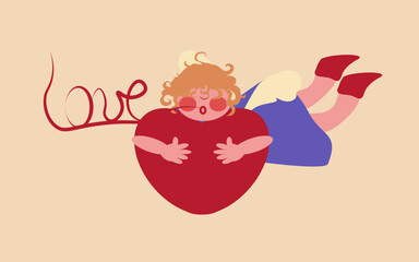 Valentine's Day Greeting Card in hand drawn retro colors style. Includes cupids with heart and red heart and love name. Cute characters for romantic holiday celebration.