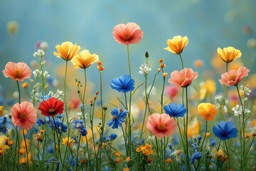 Fototapeta premium Photo réaliste professionnelle d’un champ vibrant de fleurs sauvages sous un ciel bleu clair, avec des fleurs colorées se balançant doucement dans la brise