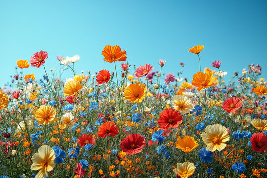 Photo r&eacute;aliste professionnelle d&rsquo;un champ vibrant de fleurs sauvages sous un ciel bleu clair, avec des fleurs color&eacute;es se balan&ccedil;ant doucement dans la brise