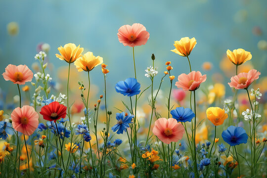 Photo r&eacute;aliste professionnelle d&rsquo;un champ vibrant de fleurs sauvages sous un ciel bleu clair, avec des fleurs color&eacute;es se balan&ccedil;ant doucement dans la brise