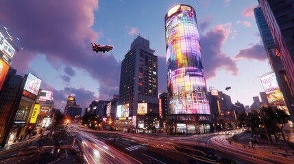 Obraz premium Futuristic city street at sunset with illuminated skyscrapers, flying vehicles, and traffic.