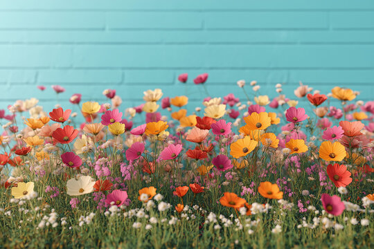 Photo r&eacute;aliste professionnelle d&rsquo;un champ vibrant de fleurs sauvages sous un ciel bleu clair, avec des fleurs color&eacute;es se balan&ccedil;ant doucement dans la brise