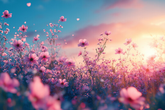 Photo r&eacute;aliste professionnelle d&rsquo;un champ vibrant de fleurs sauvages sous un ciel bleu clair, avec des fleurs color&eacute;es se balan&ccedil;ant doucement dans la brise