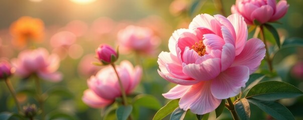 Obraz premium Sunlit peonies & lilies, pastel hues, damask undertones, lily, background, vintage