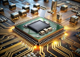 Advanced Technology Concept Visualization: Circuit Board CPU. Digital Lines Move Data