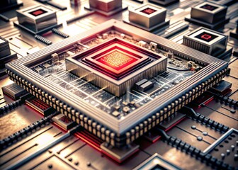 Advanced Technology Concept Visualization: Circuit Board CPU. Digital Lines Move Data