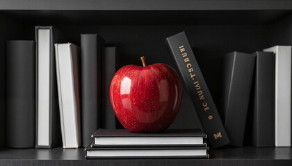 Shiny red apple on black and white books, modern design concept