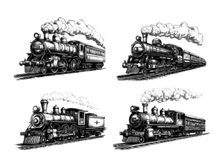 Steam train engraving vector set. Coal powered wagons clouds old locomotive, railway vintage carriage passengers logistic transportation express, monochrome hand drawn black isolated vectors