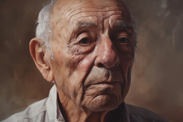 Obraz premium Portrait of an elderly man with a reflective expression captured in soft warm lighting