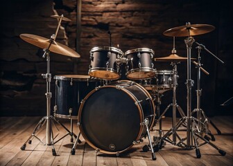 Snare drum on a blurred dark background, part of a drum kit.