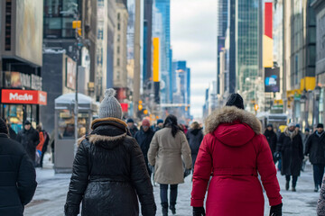 Busy winter day in a New York City street with people in warm clothing walking through snowy weather