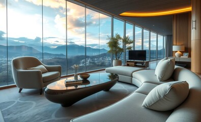 Fototapeta premium Accent ellipse coffee table near curved sofa and armchair minimalist interior design of modern living room Japandi interior design interior design japandi style modern