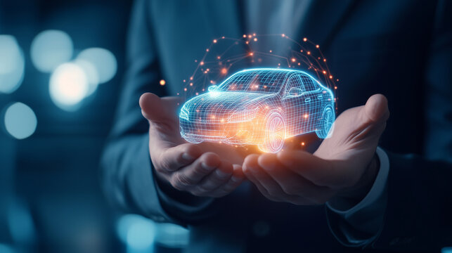 A businessman in a formal suit holding a glowing holographic car icon between his hands, symbolizing car insurance, protection, and futuristic technology in the automotive industry