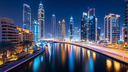 Fototapeta premium Nighttime urban cityscape with vibrant light trails from speeding vehicles, surrounded by towering skyscrapers and a reflective water canal.