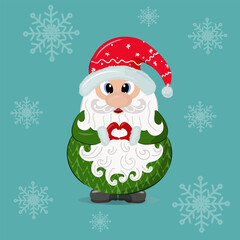  A charming Christmas illustration featuring a quirky Santa Claus character in a red cap and green coat holding a heart with both hands. Perfect for Christmas cards, seasonal designs and holiday decor