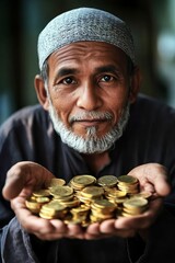 Elderly man displays many gold coins.