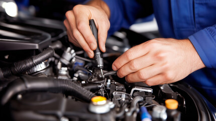 Mechanic at work, hands adjusting the engine components of a car in a busy automotive repair shop, detailed focus on tools and engine parts.