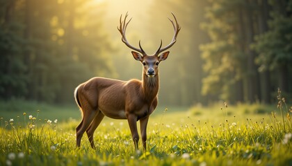 Young Stag with Antlers Standing in a Lush Green Meadow Surrounded by Soft Light and Nature's Beauty in a Serene Forest Environment