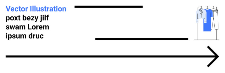 Arrow pointing right with text lines, and clothes on hanger. Ideal for marketing, presentations, e-commerce, fashion, navigation, progress reduction to essentials. Landing page