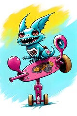 illustration cool looking  skateboard art, monster, skateboarder, skateboarding, suitable for apparel designs, psychedelic, fantasy, creature, fun, vibrant, edgy, bold, creative, unique, dynamic