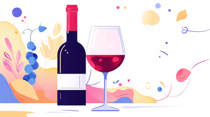 A modern artistic illustration of a wine bottle with a glass of red wine grapes and a colorful abstract background symbolizing joy and festivity  
