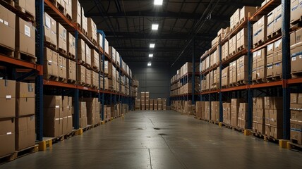 Fototapeta premium Cardboard boxes stacked on shelves in a large warehouse. (1)