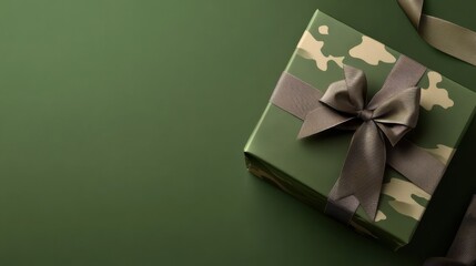 Military color gift box with ribbon bow on green background for Defender of the Fatherland Day or Veterans Day banner.