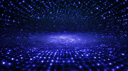 blue particle network with glowing dots forming a 3D digital grid 