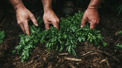 Hands Harvesting Fresh Green Vegetables in the Earthy Soil of a Garden