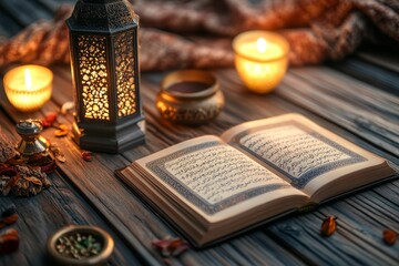 Open book, lantern, candles, wooden surface, incense.