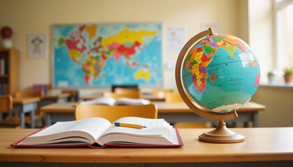 Tidy teacher's desk with globe and books in classroom, learning environment