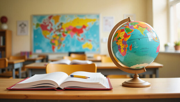 Tidy teacher's desk with globe and books in classroom, learning environment