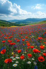 Obraz premium Photo réaliste professionnelle d’un champ paisible de fleurs sauvages avec des coquelicots, des marguerites et de la lavande sous un ciel bleu éclatant, créant une scène printanière pittoresque