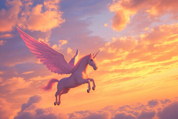 Fototapeta premium Majestic winged unicorn soaring through vibrant sunset sky
