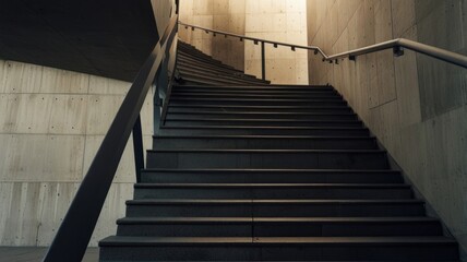 Modern concrete staircase with metal railings indoors.