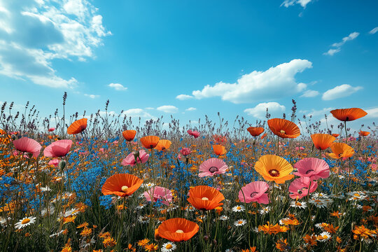 Photo r&eacute;aliste professionnelle d&rsquo;un champ paisible de fleurs sauvages avec des coquelicots, des marguerites et de la lavande sous un ciel bleu &eacute;clatant, cr&eacute;ant une sc&egrave;ne printani&egrave;re pittoresque