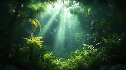 Sunbeams penetrate lush, green tropical jungle.