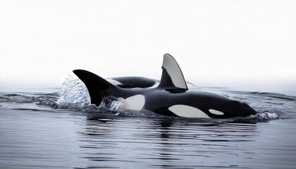 Fototapeta premium Orcas swimming gracefully in calm waters, white isolate background. 